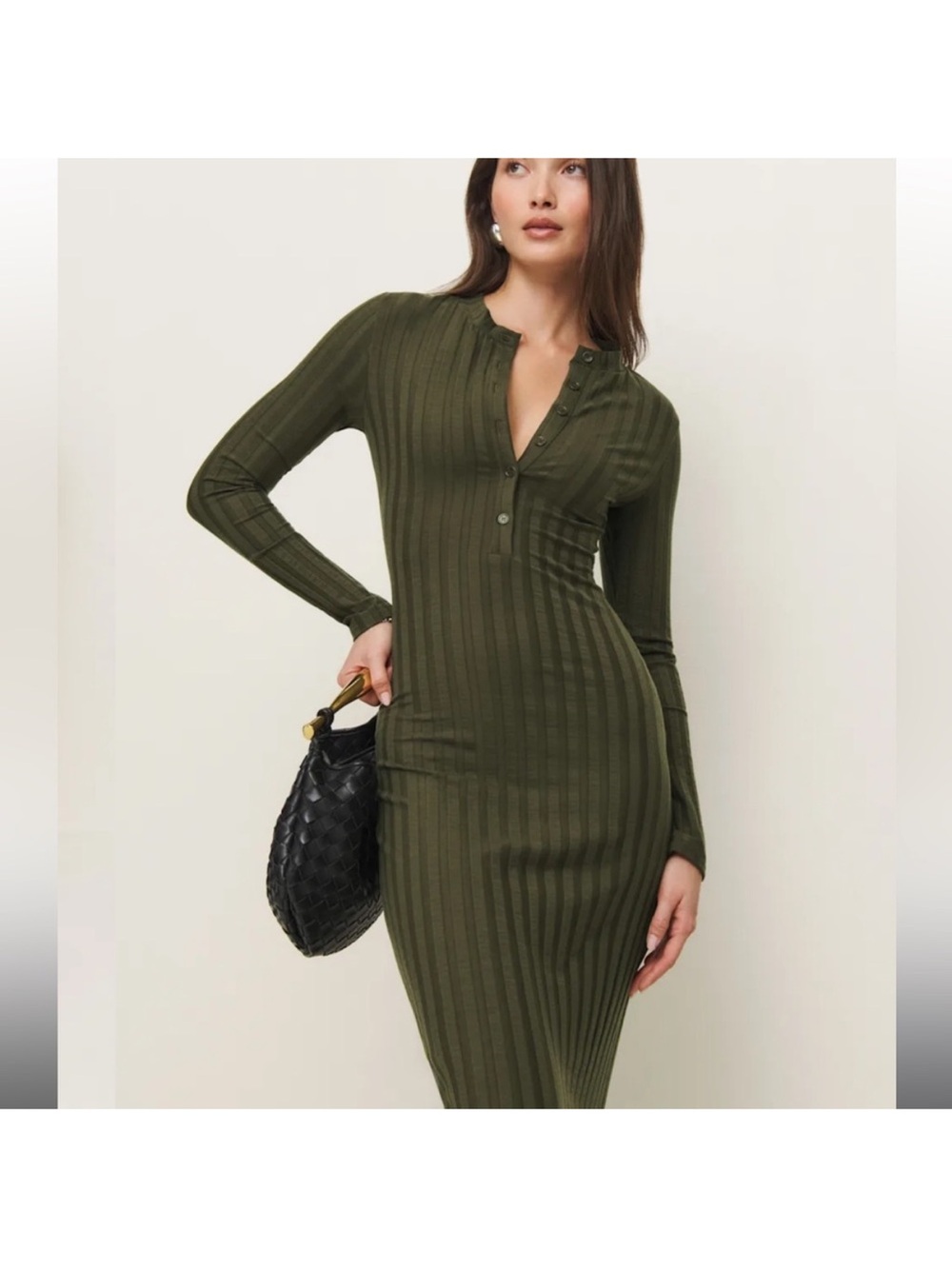 Reformation Lani Knit Ribbed Henley‎ Maxi Dress Green Medium